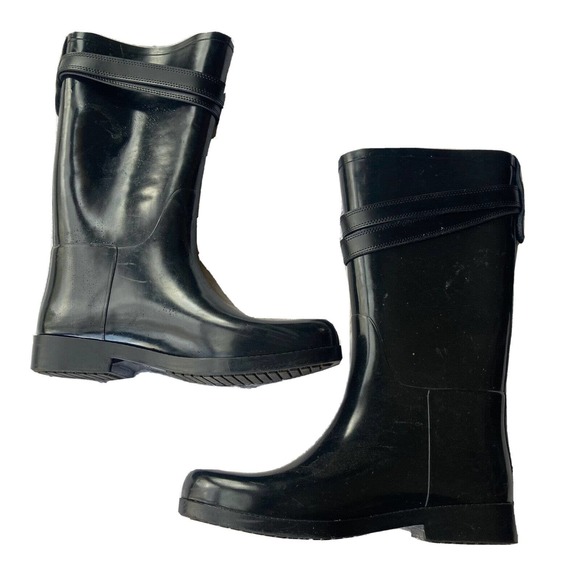 Coach Tara Women's Tall Rain Boot Sz 9B Round Toe Black Gloss Strap Casual - Picture 1 of 12